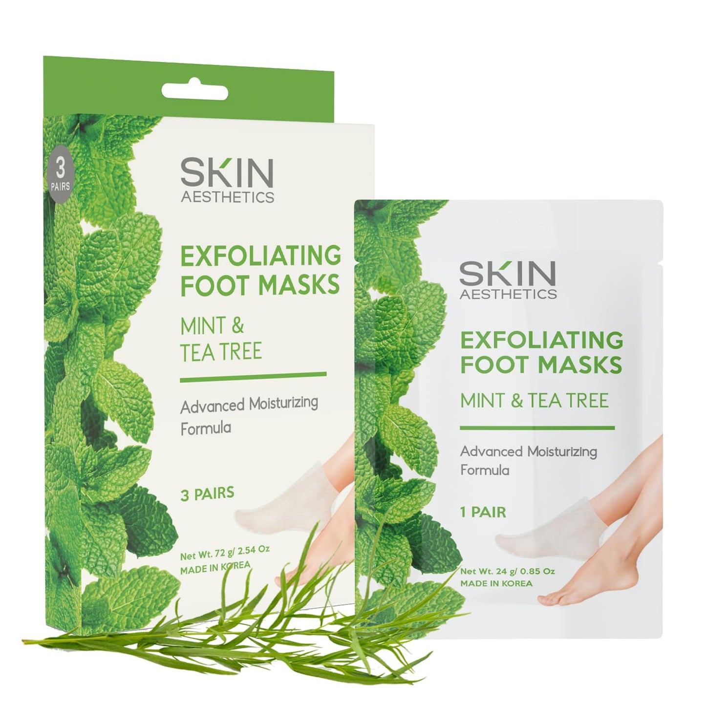 Skin Aesthetics Mint & Tea Tree Foot Masks - Repairs & Softens Cracked Feet Hydrating & Exfoliating - Dermatologist Tested Korean Skincare - Clean Beauty Natural Ingredients Cruelty-Free - 3 Pairs